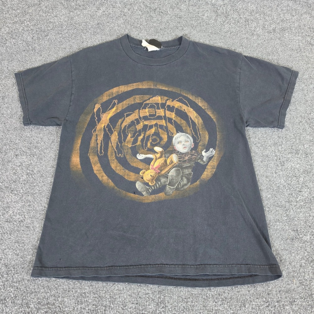 Vintage Korn Giant Tag Black Graphic T-Shirt Size Medium Nu Metal Band Tee Flaw